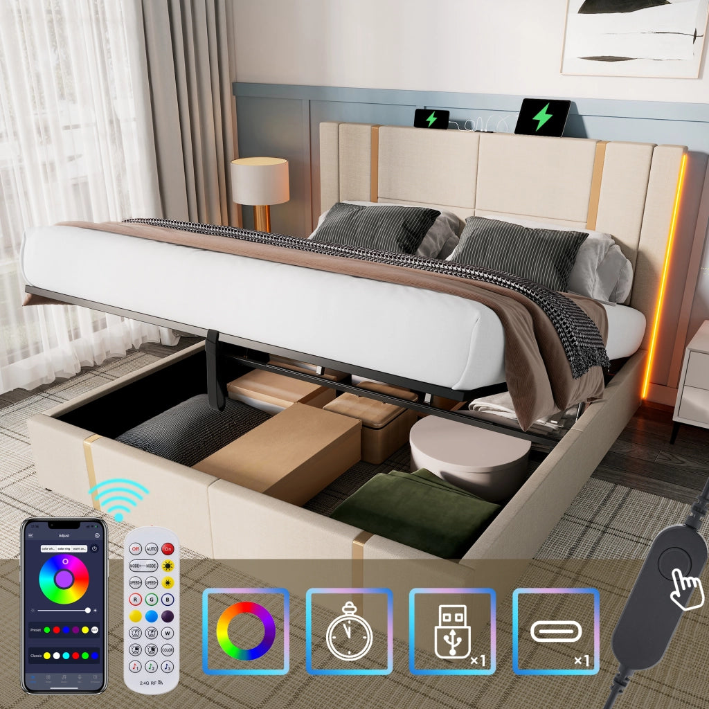 Letto Contenitore 160x200 cm; Letto Matrimoniale - USB; Type-C; LED - in Lino Beige