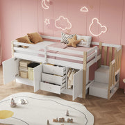 Letto a soppalco per bambini 90 × 200 cm con scala armadi cassetti barra appendiabiti bianco in MDF e legno