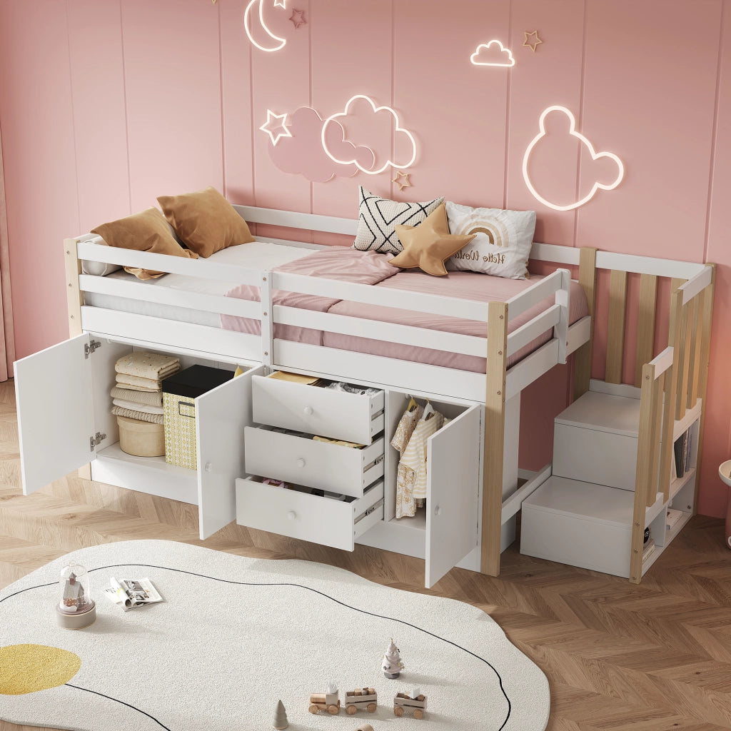 Letto a soppalco per bambini 90 × 200 cm con scala armadi cassetti barra appendiabiti bianco in MDF e legno