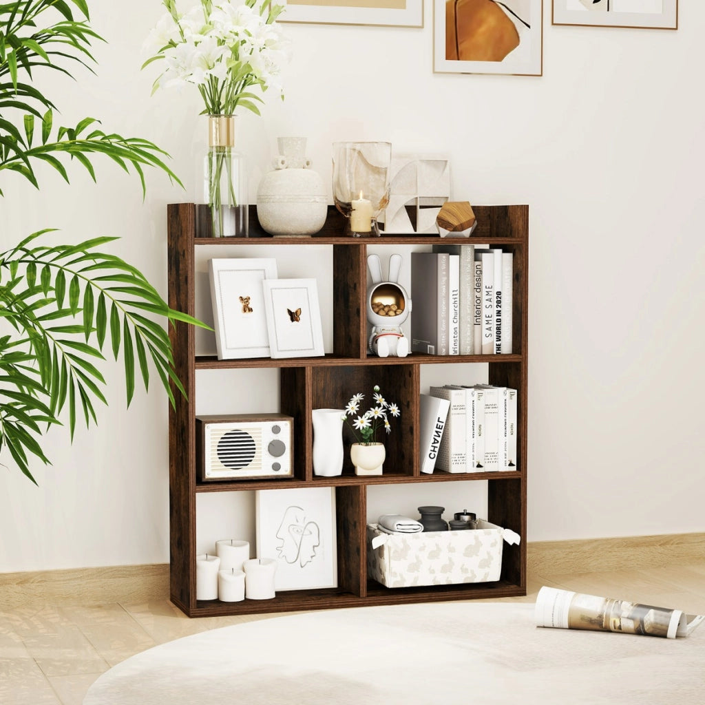 Libreria a cubi aperti con 7 scomparti, Mensola espositiva per l'archiviazione in legno per studio soggiorno Marrone-Librerie