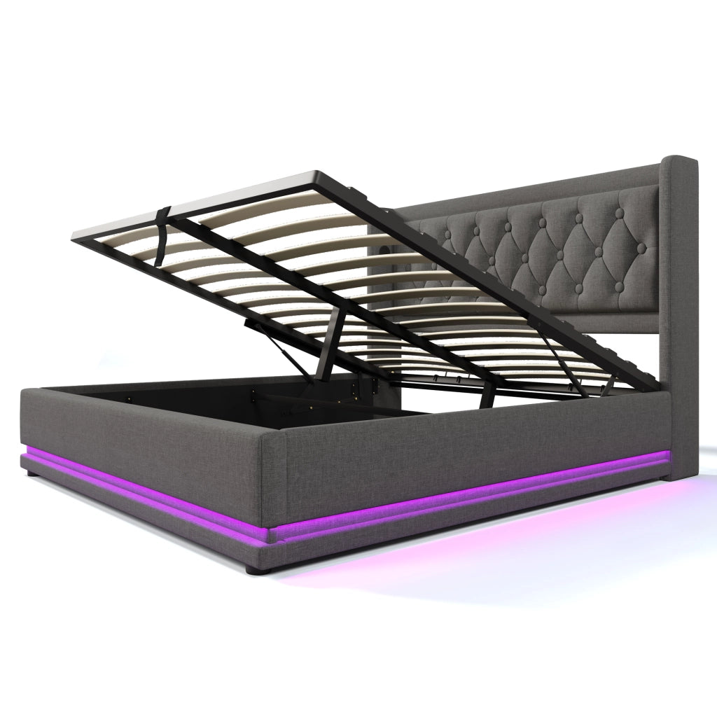 Letto matrimoniale 160x200 cm con contenitore, USB Type-C e LED, in cotone grigio
