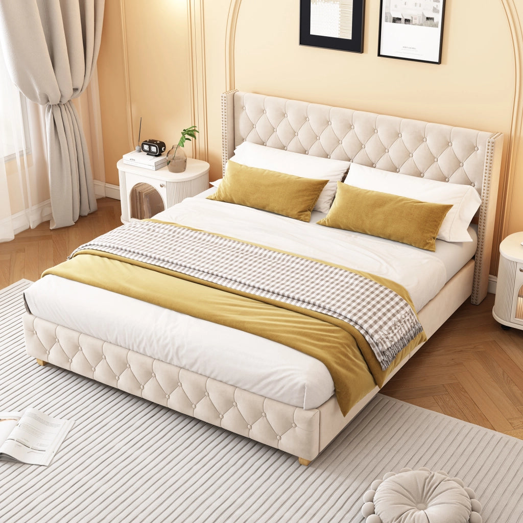 Letto imbottito 180 × 200 cm con rete a doghe e testiera rivestita in velluto beige chiaro