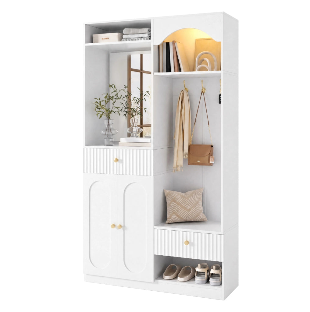 Guardaroba da ingresso 100x35x180 cm con specchio; panca e LED bianco HOMVRA