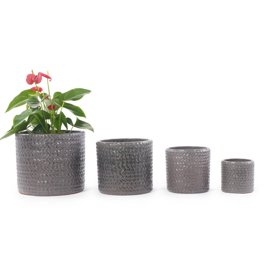 vaso in ceramica Ø37 cm grigio lucido, rilievo chevron, per interni e giardino