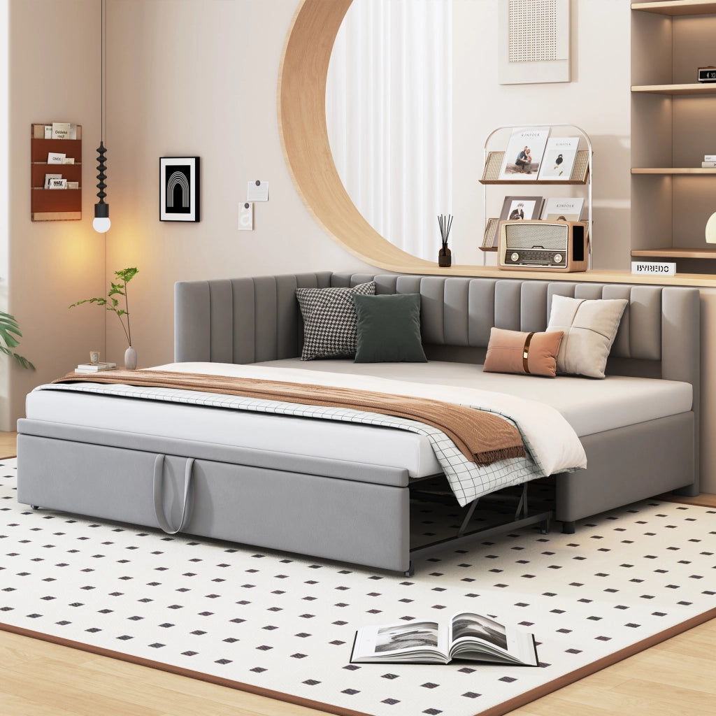 Divano letto 90 × 200 cm con letto estraibile a L rivestito in velluto grigio con schienale e testiera