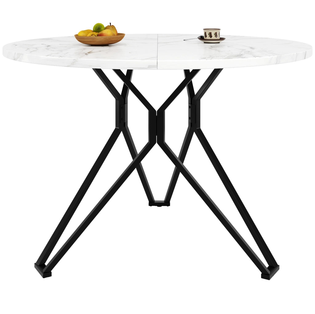 Tavolo da pranzo rotondo 100x100x76 cm in MDF effetto marmo e metallo, 4 posti
