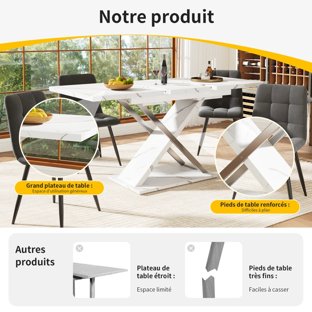 Tavolo allungabile da pranzo con piano effetto marmo e gambe incrociate bianco 118-157 × 75 × 76.4 cm
