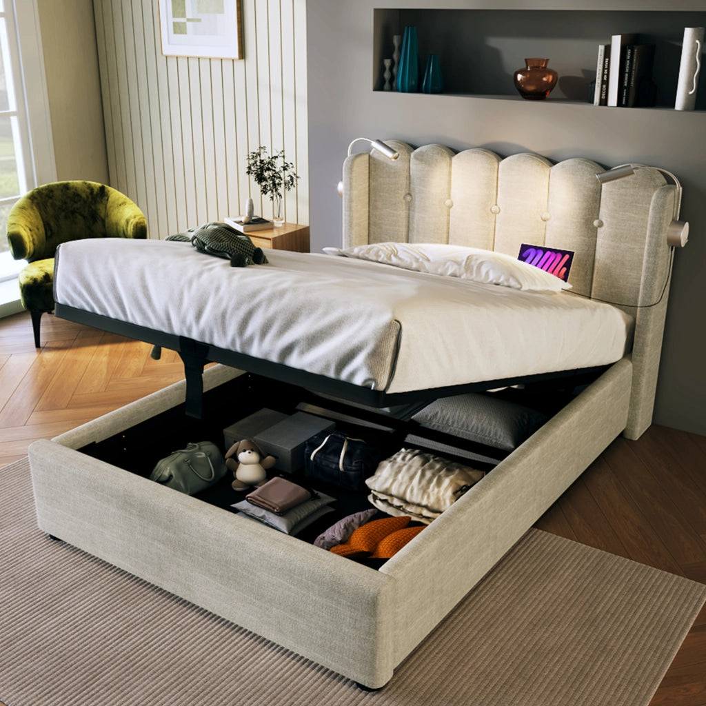 LETTO Contenitore 90x200 cm in Lino Naturale con Luce da lettura e USB