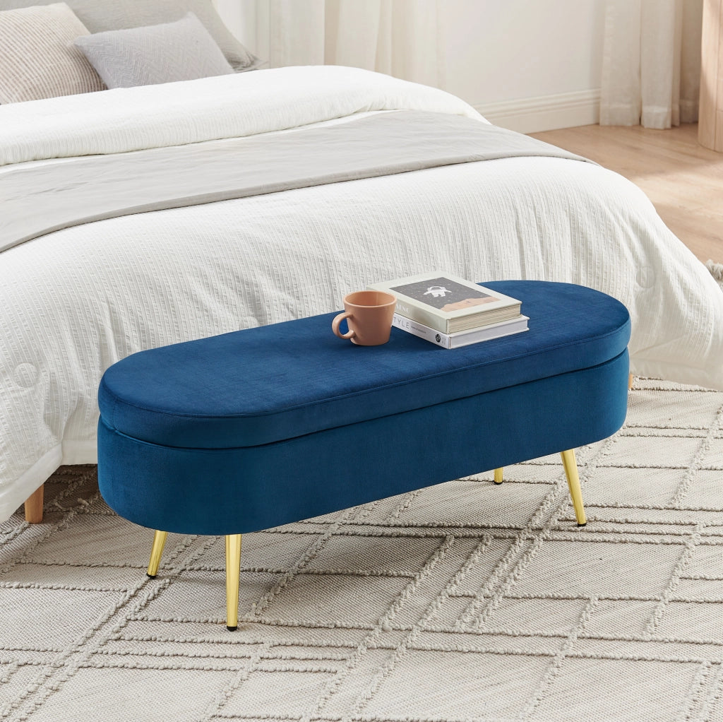 Panca contenitore multifunzione in velluto con struttura in legno massello e gambe in metallo, 110x40x42 cm, capacità 20 L, colore blu