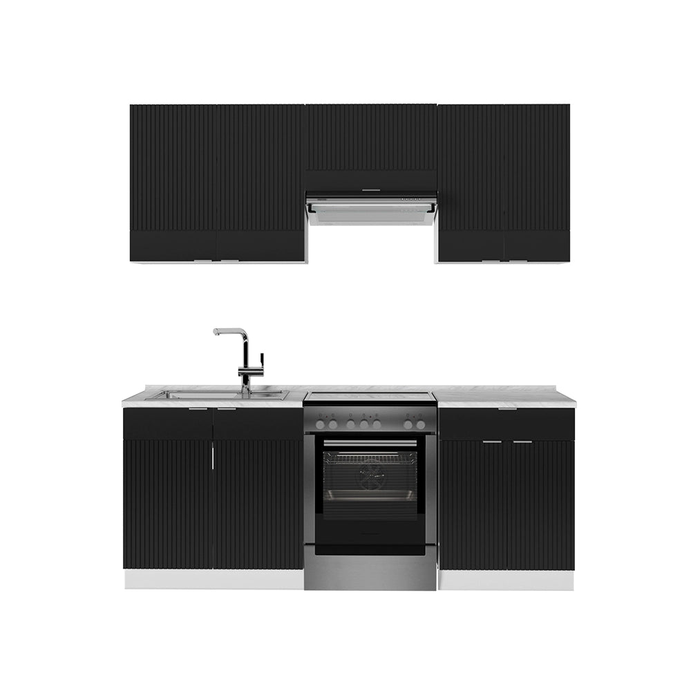 Cucina componibile Fame-Line Nero rigato/Bianco 200 cm, PL Marmo Vicco