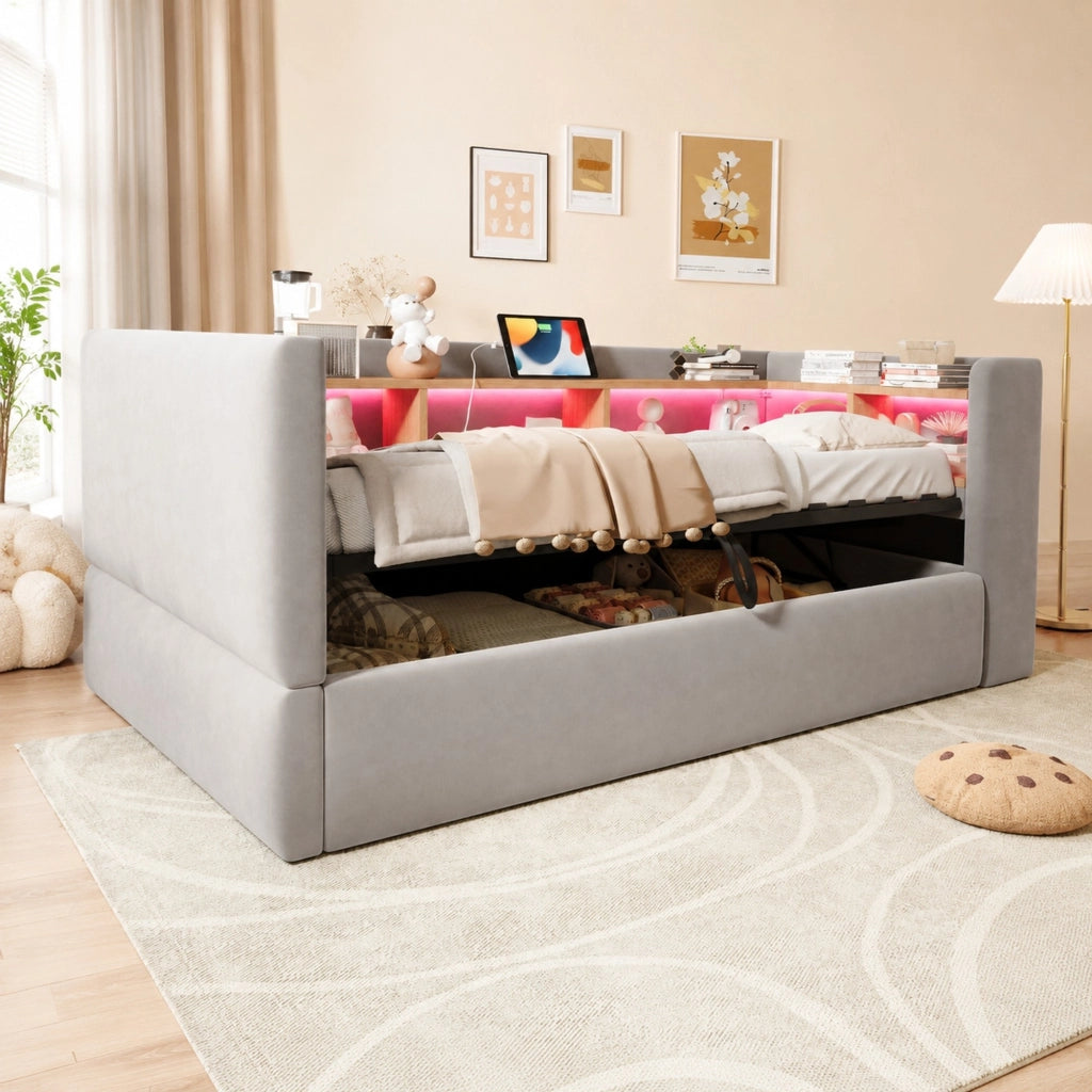 Divano letto imbottito 90x190 cm con LED, prese e contenitore