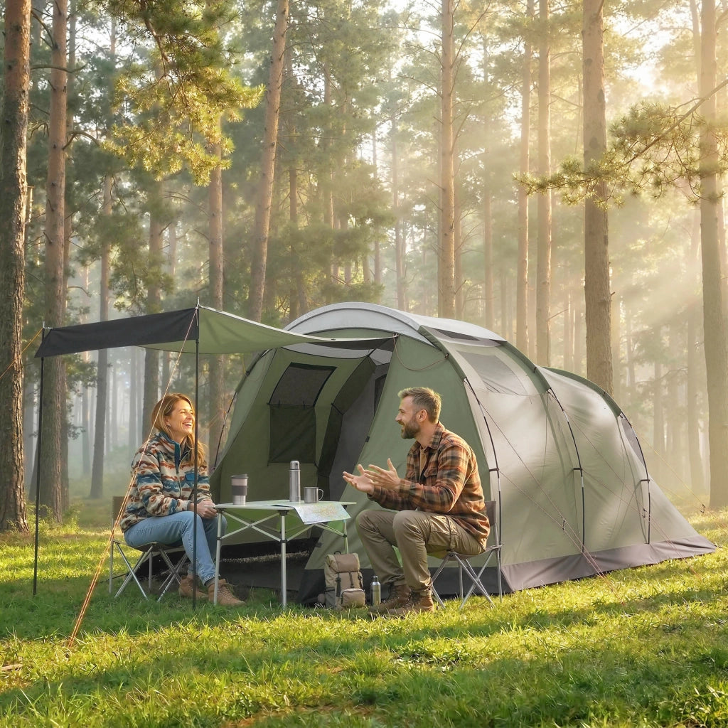 Tenda da Campeggio Familiare per 3-4 Persone Impermeabile 3000mm Verde in Poliestere con Camera e Veranda Robusta