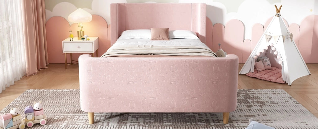 Letto Singolo per Bambini 90x200 cm in Velluto Rosa con Struttura a Slitta e Motivo Cosmico
