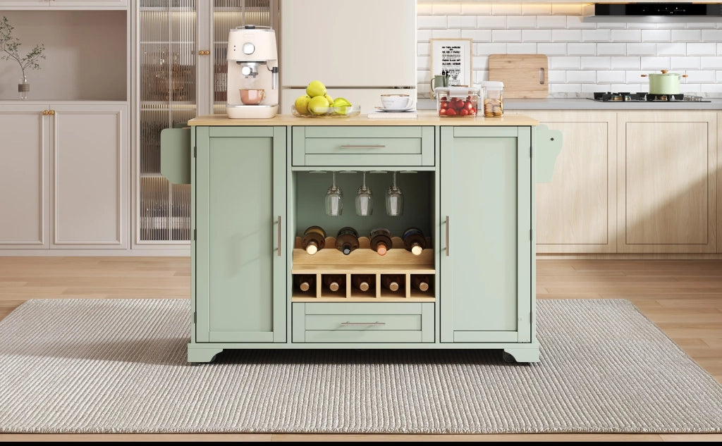 Carrello da cucina con piano ribaltabile, isola su ruote con portabottiglie, bicchieri, spezie e asciugamani, 120x45/70x92 cm, verde