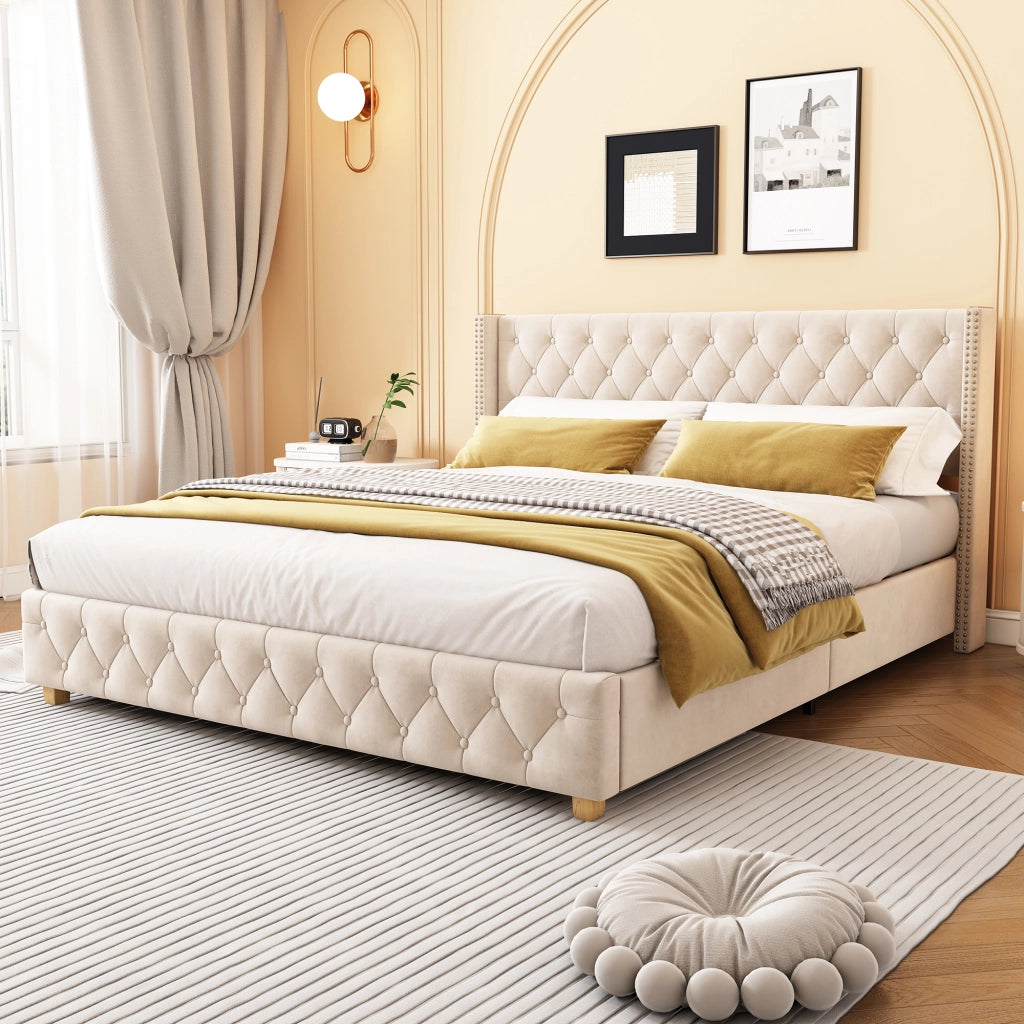 Letto imbottito 160 × 200 cm con rete a doghe testiera e pediera capitonné rivestito in velluto beige chiaro
