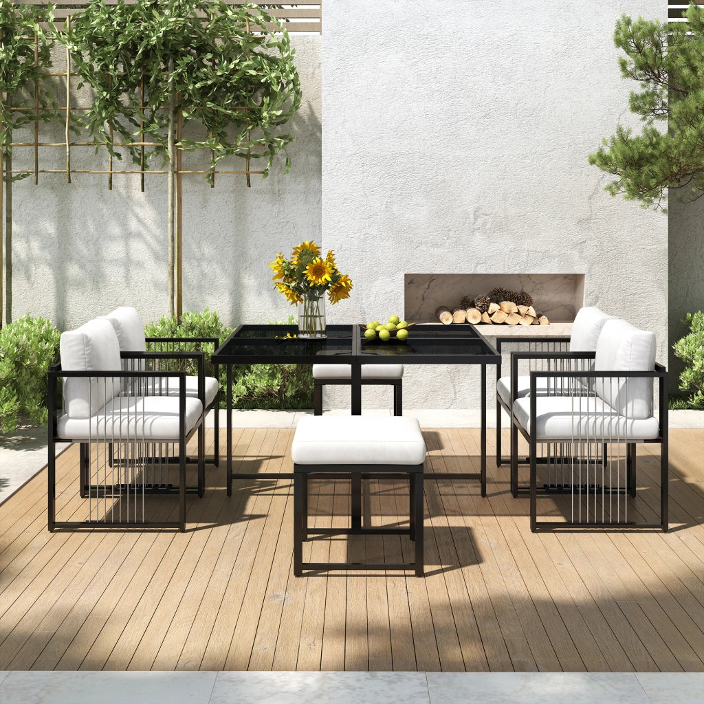 Set da pranzo da esterno 7 pezzi con tavolo quadrato in vetro temperato e 4 poltrone con 2 poggiapiedi nero e bianco