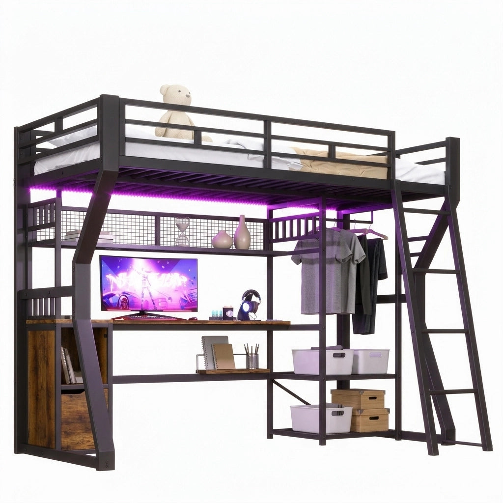 Letto a soppalco 90x200 cm con scrivania; LED; presa e appendiabiti nero HOMVRA