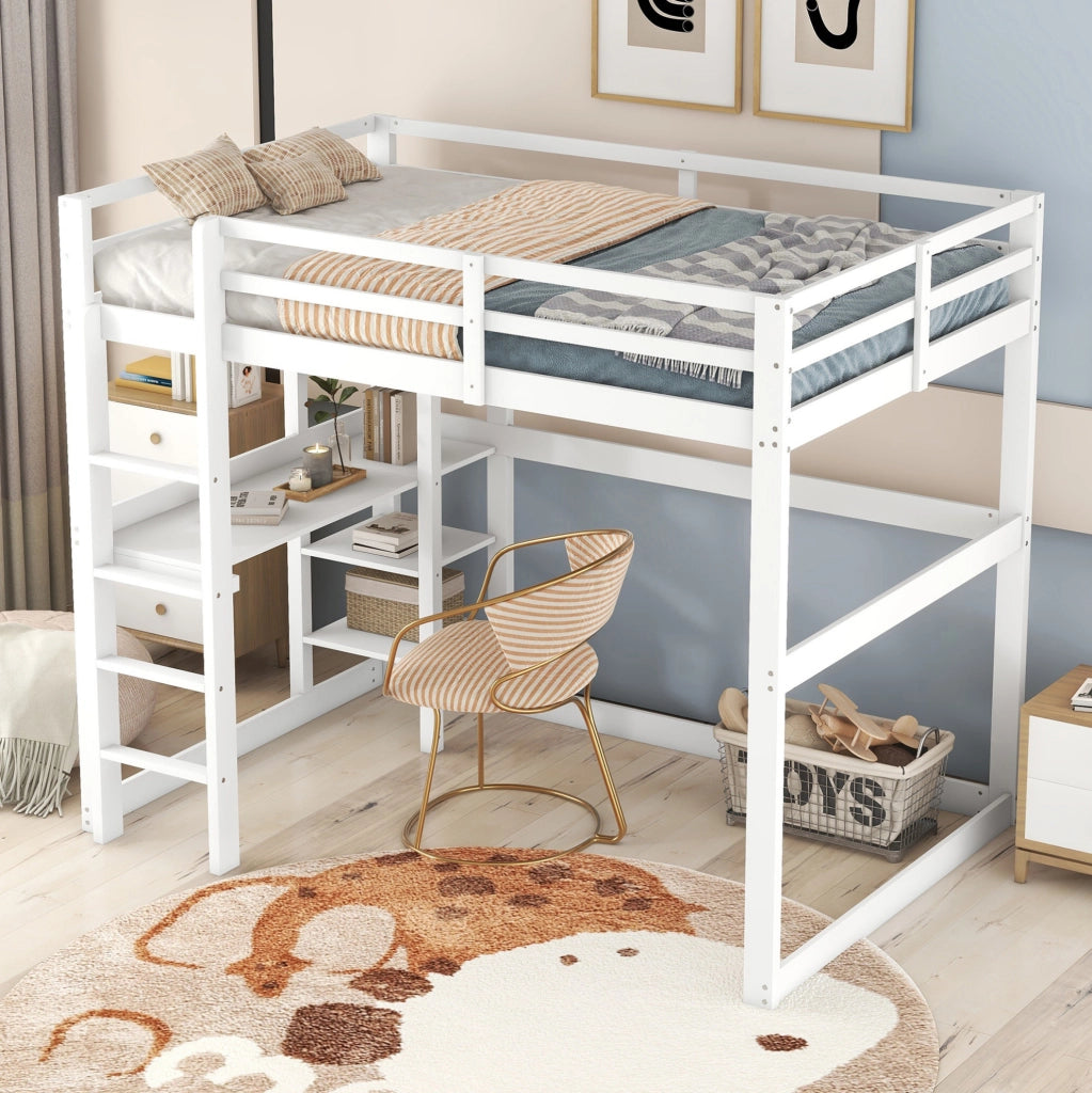 Letto a soppalco 140x200 cm con scrivania e 4 ripiani in pino e MDF; bianco antico