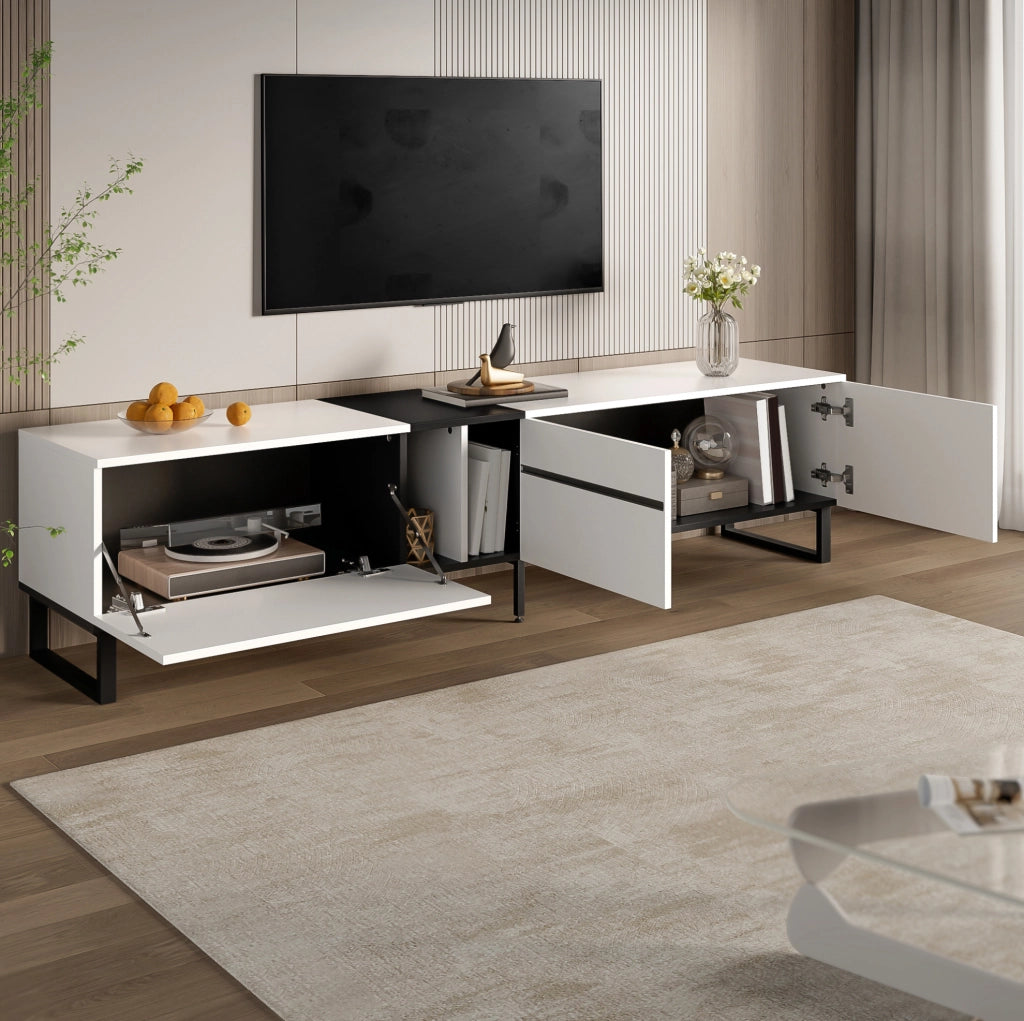 Mobile TV 180x38x45 cm con vano a ribalta e ante in truciolare bianco