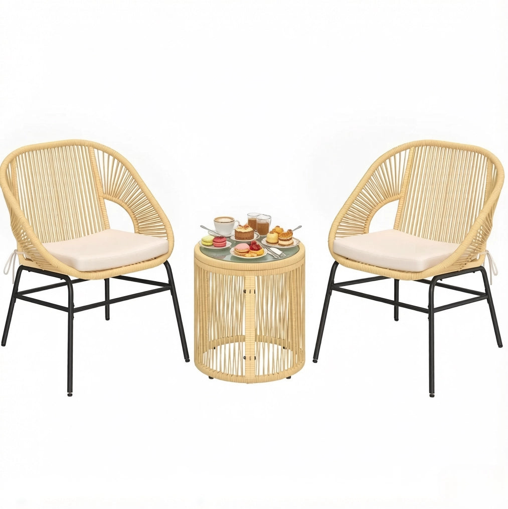 Set Salotto da Esterno 2 Posti con Tavolo Rotondo in Vetro Temperato e Poltrone in Rattan Beige