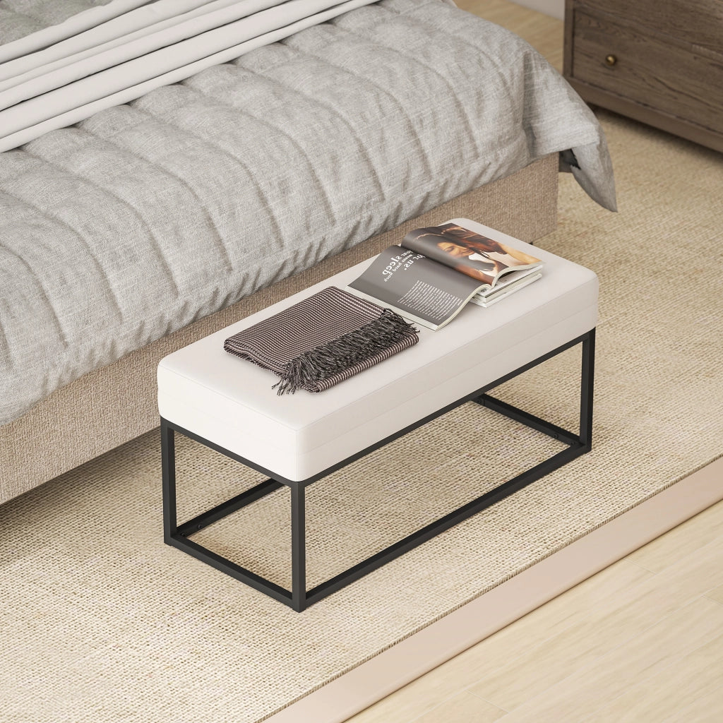 Panca da Ingresso Moderno in Acciaio, Spugna e Tessuto Vellutato con Piedini Regolabili, 94x42x44 cm, Crema