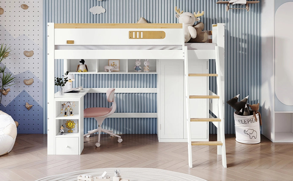 Letto a soppalco con scrivania e armadio in pino; MDF e compensato; 90x200 cm; bianco e naturale per cameretta