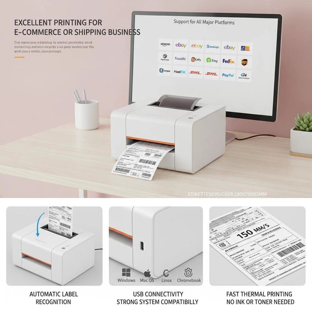 Label Printer 200x79x83mm Thermal Printer 150mm/s Label Printer Shipping Label Printer Thermal Direct Label Printer USB Automatic Label Detection Windows Mac OS Linux Chromebook