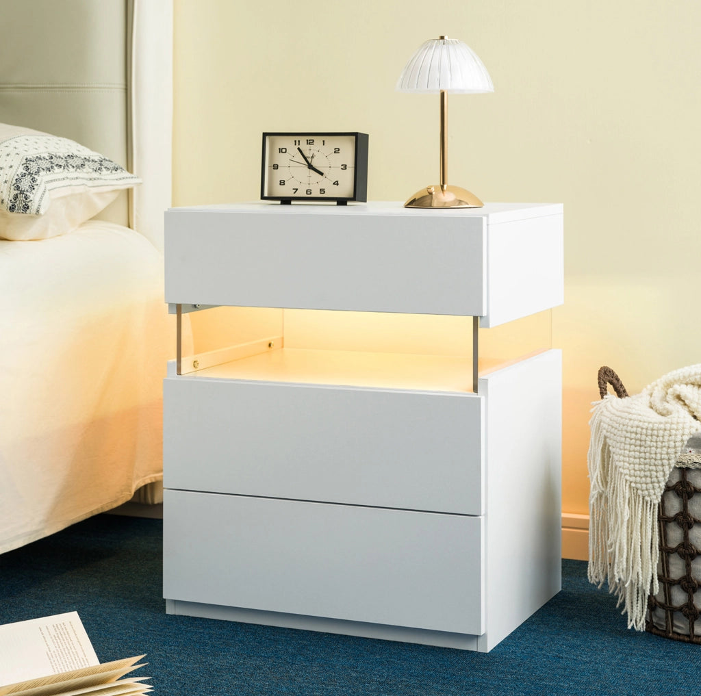 Comodino con 3 cassetti LED con pannello acrilico bianco per camera da letto e soggiorno