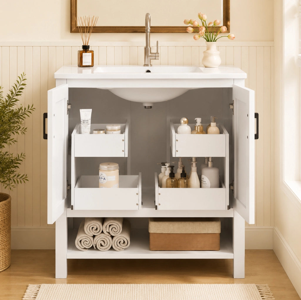 Mobile da bagno indipendente 76,5x47x83 cm con lavabo in ceramica integrato e doppia anta, finitura bianca completa