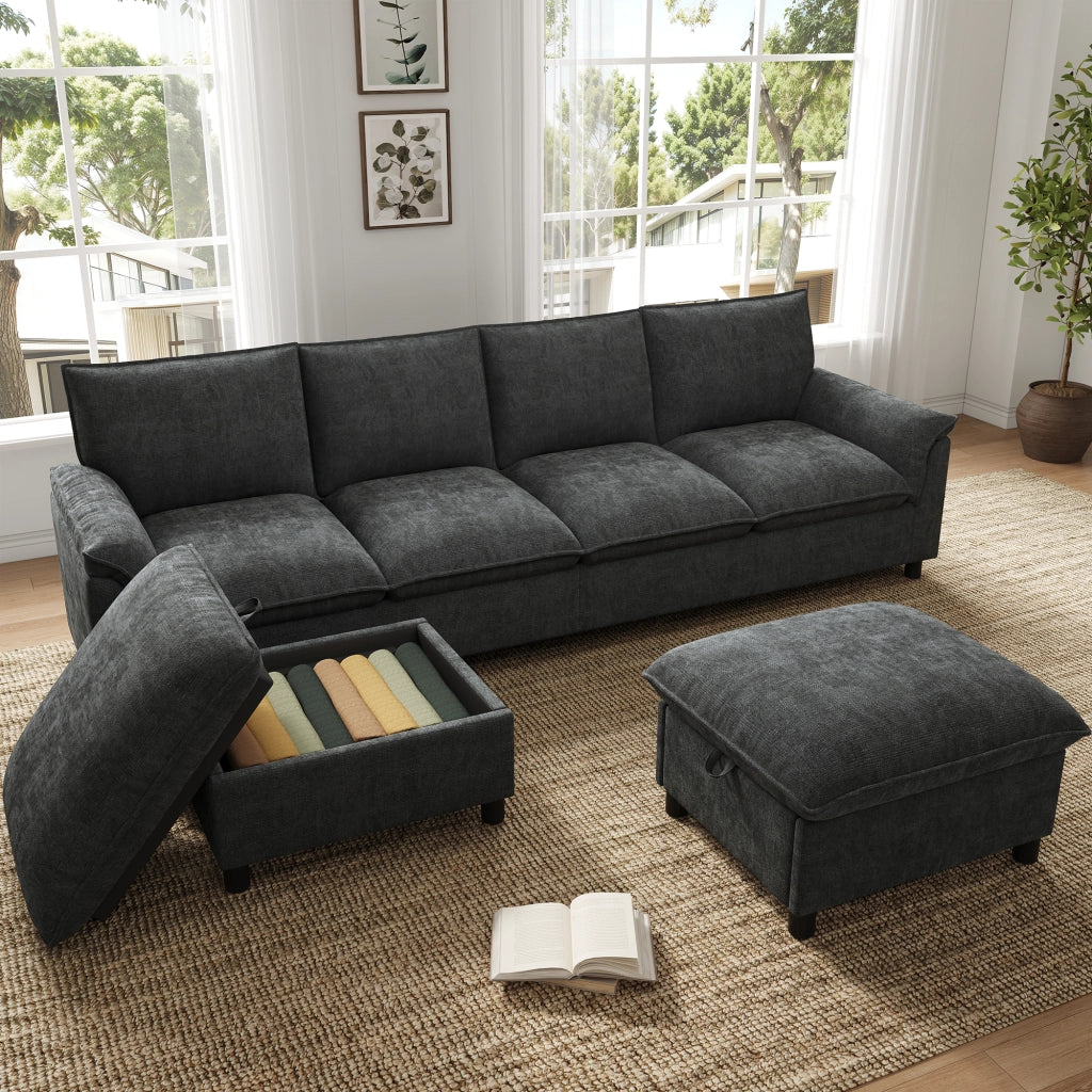 Divano panoramico a U in ciniglia nero con 2 pouf contenitore e schienale alto 264.5 × 142.5 × 84 cm