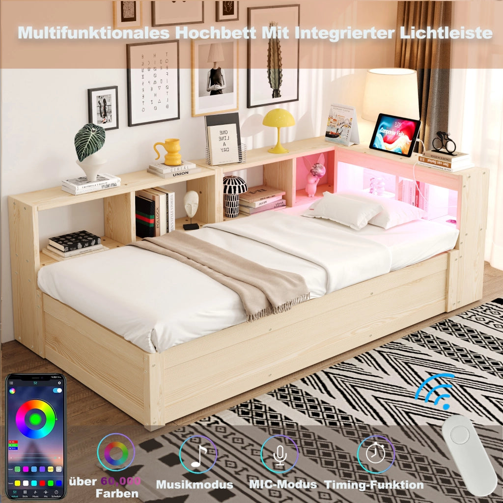 Letto singolo con contenitore 90 × 200 cm idraulico con vani; LED e presa integrata in legno naturale