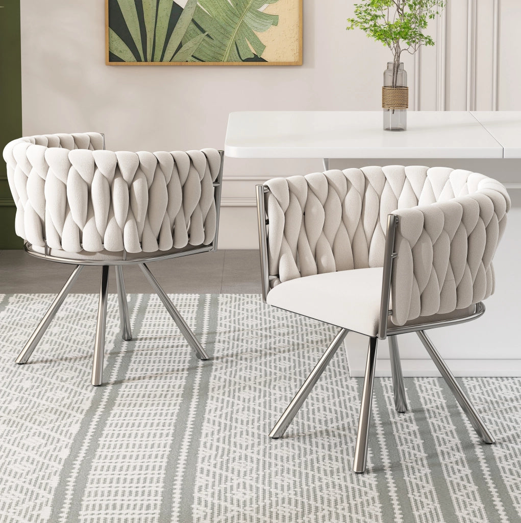 Set di 6 sedie da pranzo girevoli 360° in velluto beige con gambe in metallo argento