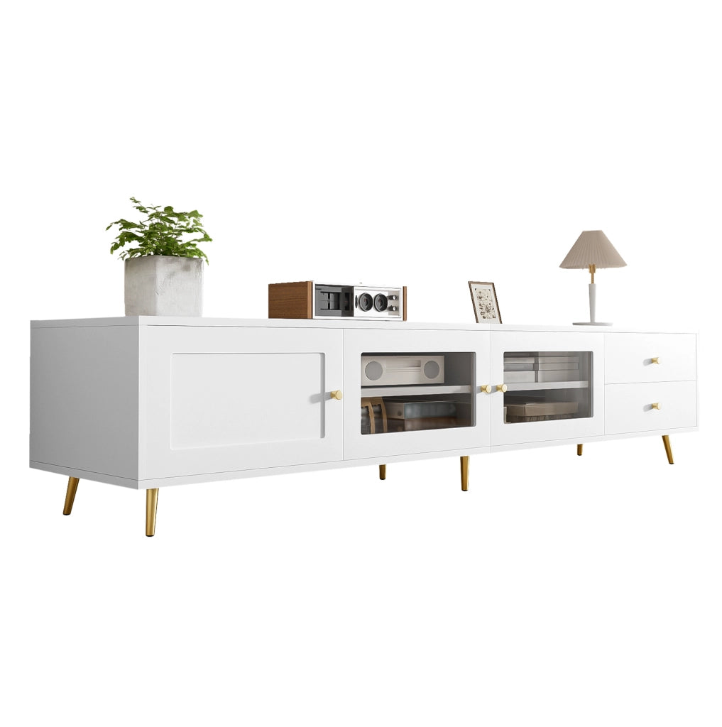 Mobile TV 170x40x43 cm bianco con 2 cassetti; 2 ante in vetro e anta HOMVRA