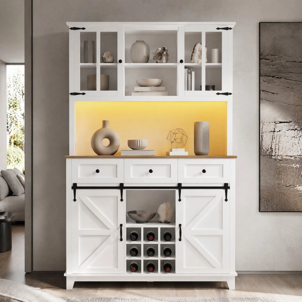 Credenza alta da cucina 105x38,4x180 cm in MDF bianco con LED, ante scorrevoli e ripiani regolabili