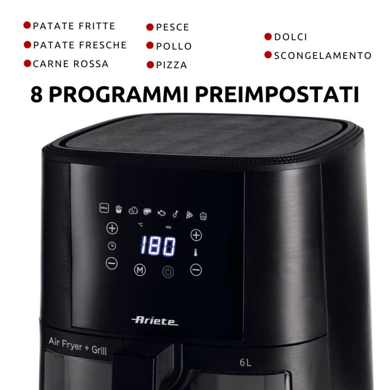 Friggitrice ad aria 1300W, 6L, 2,5kg, 8 programmi preimpostati, cestello trasparente - Nero