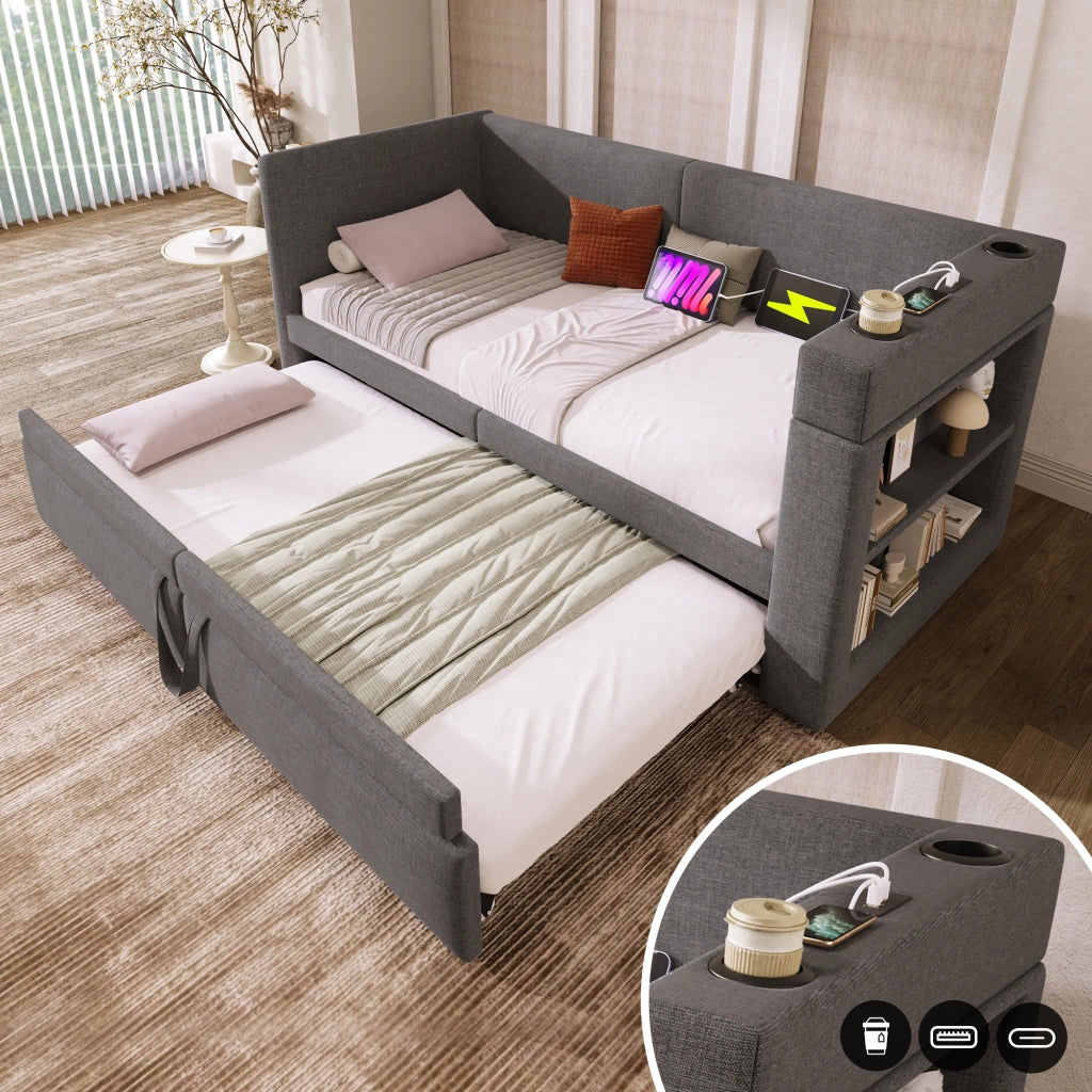 Letto con letto estraibile 90 × 200 cm con ricarica USB e Type-C portabevande rivestito in cotone e lino grigio