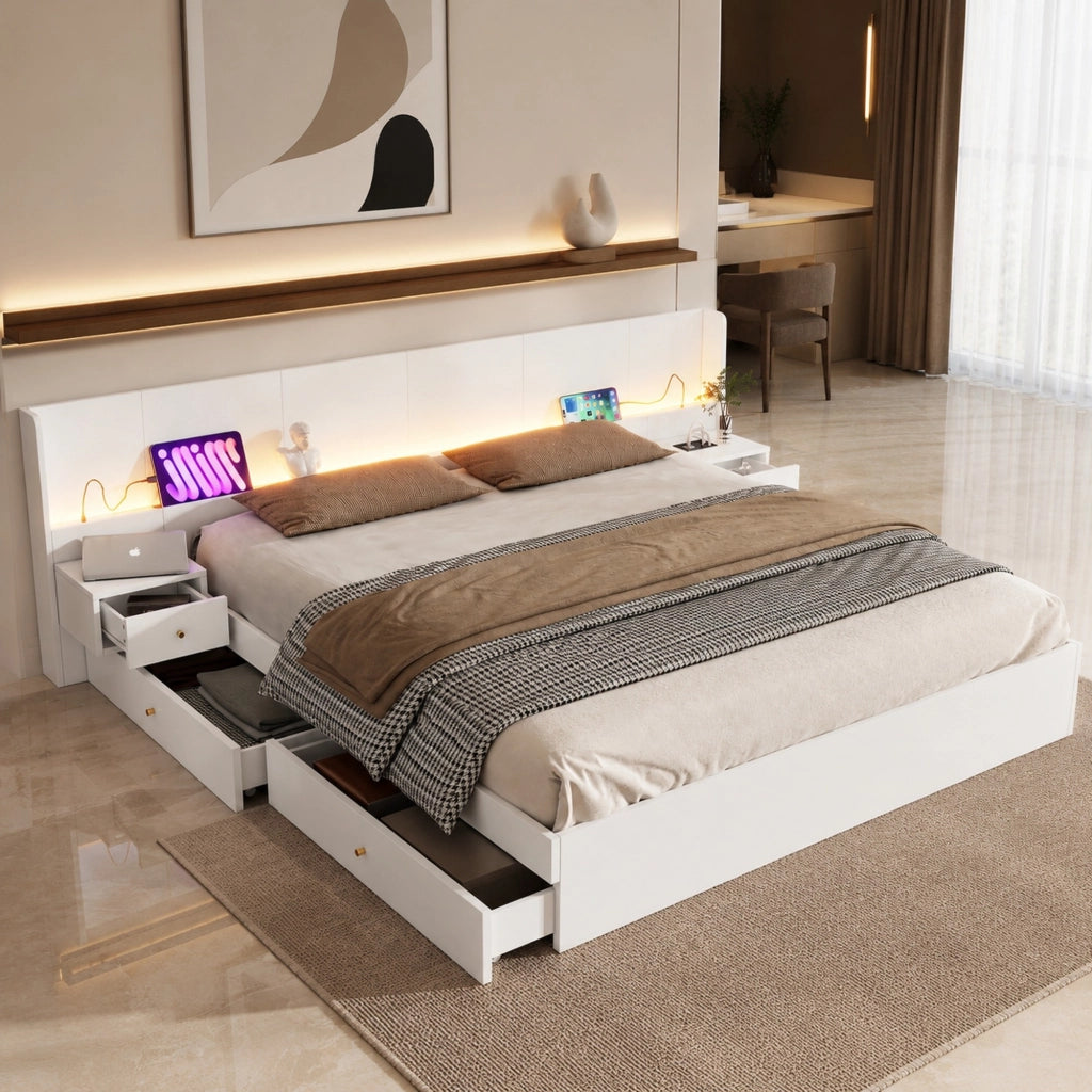 Letto matrimoniale 180 × 200 cm con LED; prese e USB; due comodini e cassetti; in MDF bianco; senza materasso