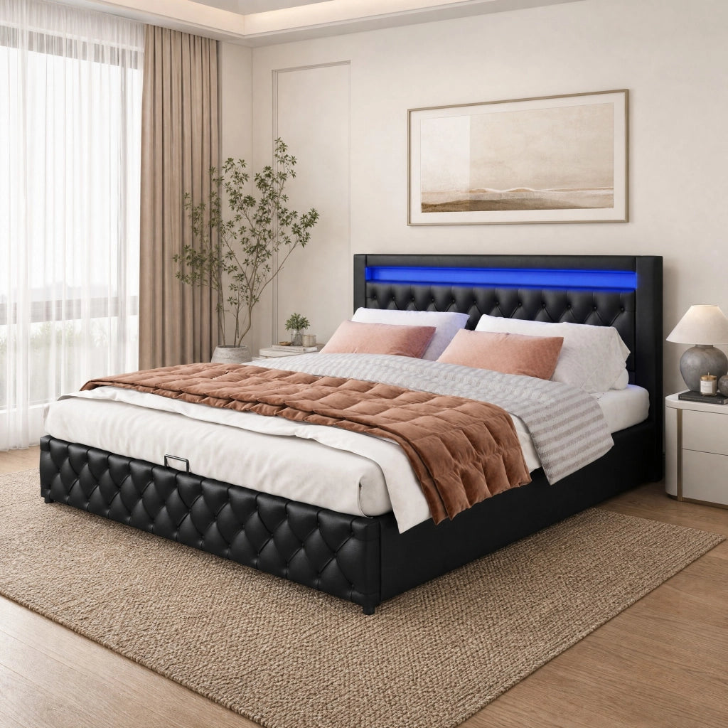Letto imbottito 140x200 cm con contenitore, LED, PU nero
