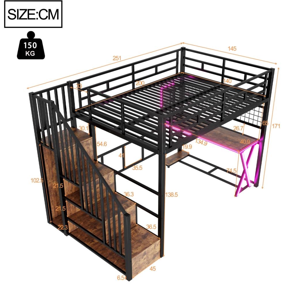 Letto a soppalco 140x200 cm con scrivania; armadio e LED in metallo e MDF nero