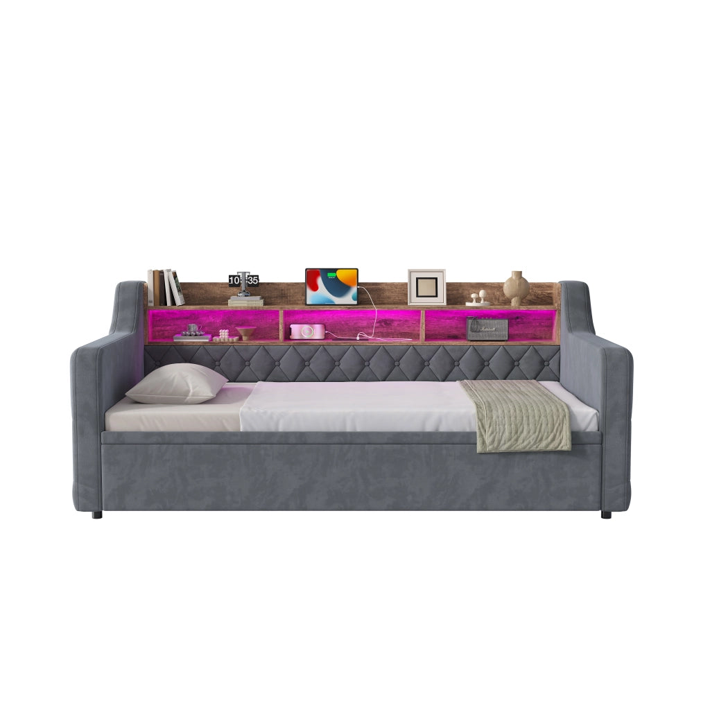 Letto divano 90x190 cm in velluto grigio scuro con letto estraibile; testiera con vani; LED; USB e USB-C