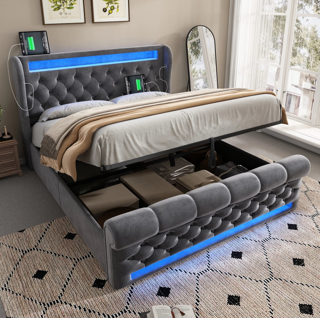 Letto 140x190 cm con contenitore idraulico, LED, USB e USB-C in velluto grigio