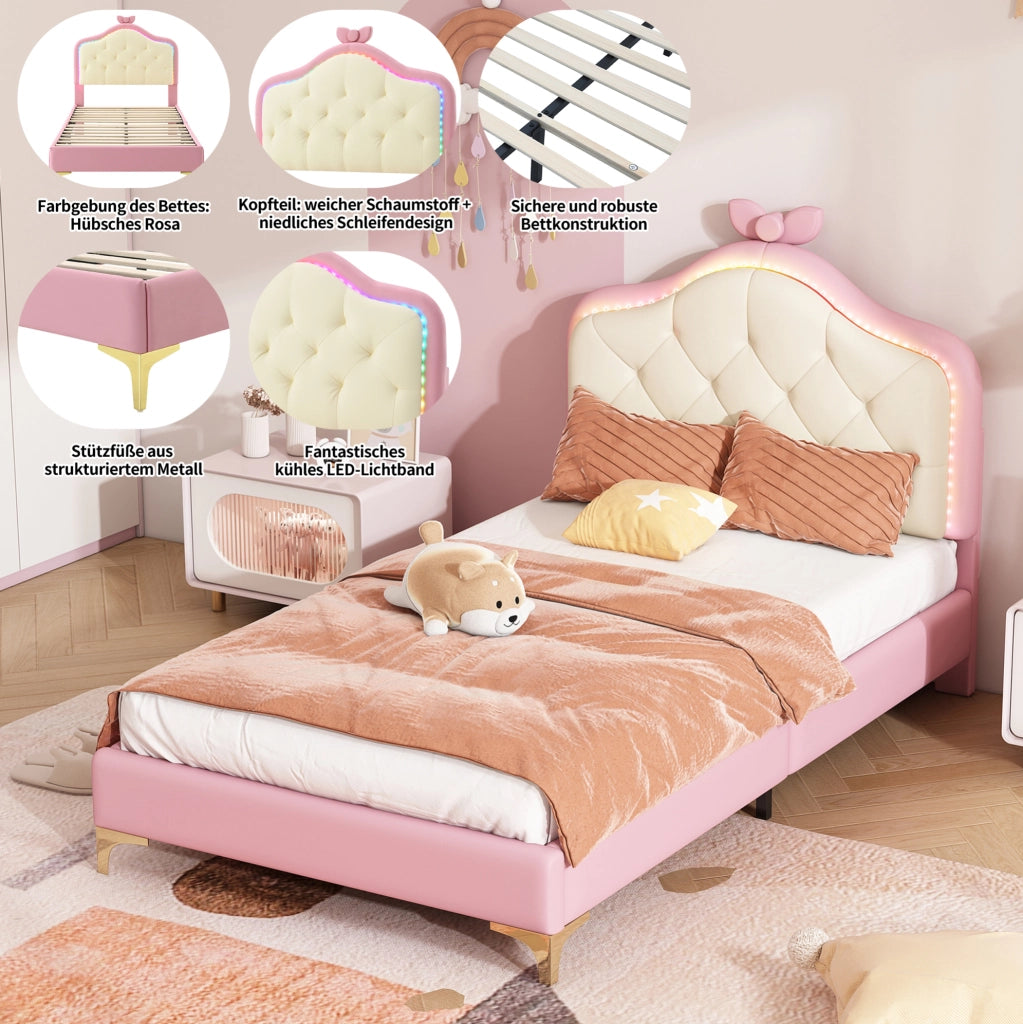 Letto singolo imbottito in PU rosa con strisce LED multicolore e testiera a onde 90x200 cm