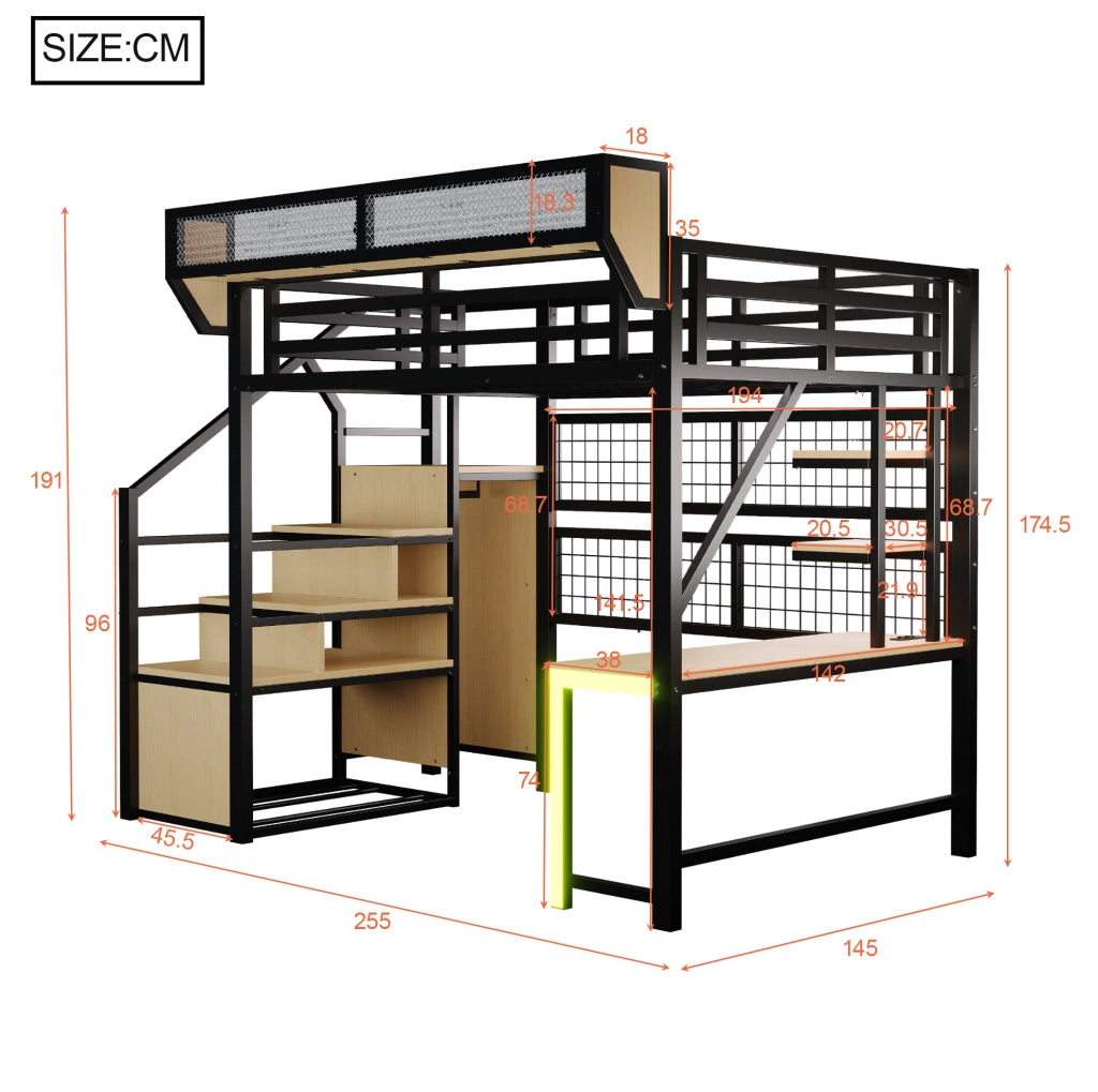 Letto a soppalco 140x200 nero in metallo con scrivania, LED e prese