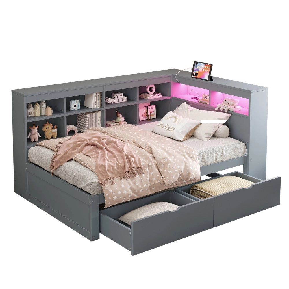 Letto Singolo in Legno Massello con Contenitore, LED e USB ¨C MINIMAL ¨C Grigio 90x200