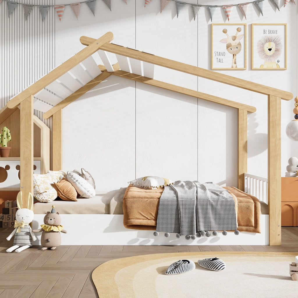 Letto casetta per bambini 90 × 190 cm 1 posto, senza materasso, in pino, truciolare e MDF, bianco naturale