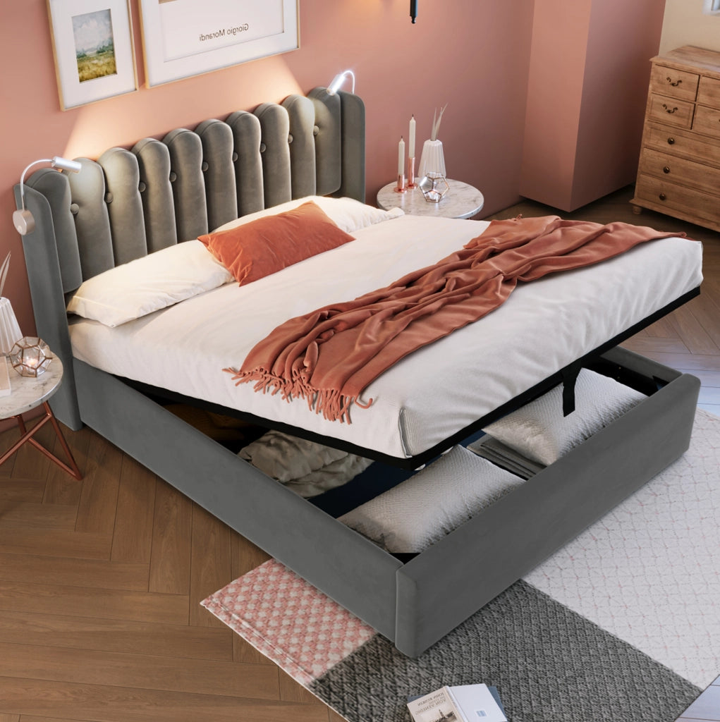 Letto matrimoniale contenitore 140x200 cm in velluto grigio con luce da lettura e USB
