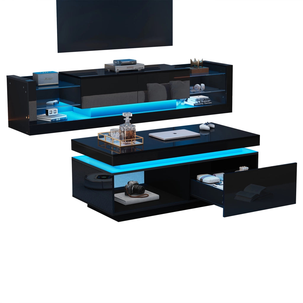 Set mobile TV + tavolino, 181 cm, LED Bluetooth, nero lucido, 2 pezzi