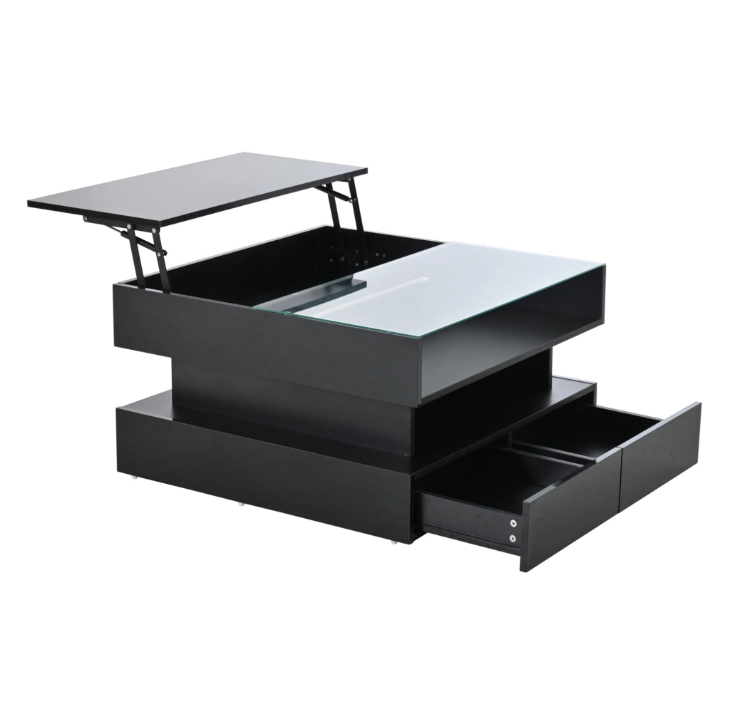 Tavolino da salotto 80x80x45 cm sollevabile con LED e 2 cassetti nero