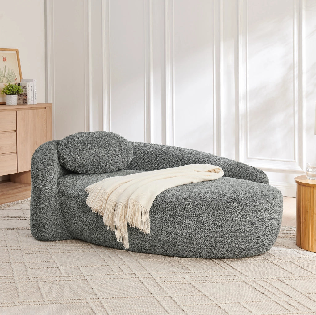 Divano minimalista grigio in tessuto Teddy, imbottitura in schiuma ad alta elasticità, design arrotondato per soggiorno e camera da letto