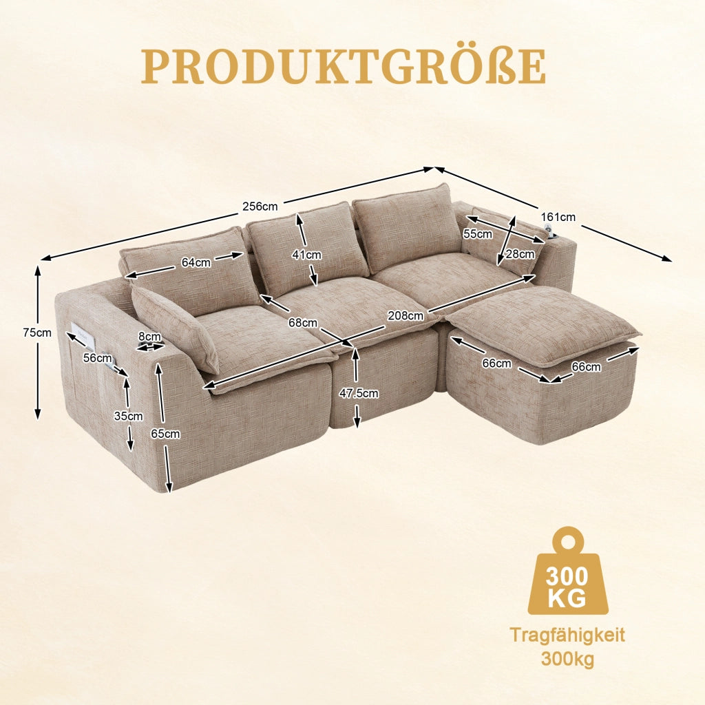 Divano 3 Posti con Poggiapiedi e Cuscini ¨C MINIMAL ¨C Chenille Kaki